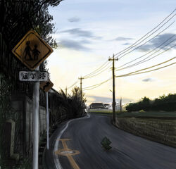  cloud commentary_request dusk field forest from_behind hidamari_sketch landscape lowres nature outdoors power_lines road road_sign roku_no_ji scenery sign sky solo standing street sunset translated tree twilight ume-sensei utility_pole 