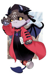  ambiguous_gender anthro black_sclera brown_body brown_fur building can cloak clothing container debidebi_debiru demon fur graduation_cap head_horn hi_res holding_object_with_tail horn japanese_text jewelry membrane_(anatomy) membranous_wings necklace nijisanji oribiyo outside solo square_academic_cap suntory tail text translated vtuber wings yellow_eyes 