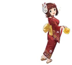  amami_haruka amami_haruka_(peace_in_the_hustle_and_bustle) azur_lane banxuan_c2ka breasts brown_hair closed_eyes female green_eyes hair_ribbon idolmaster idolmaster_(classic) japanese_clothes kimono manjuu_(azur_lane) official_alternate_costume official_art open_mouth ribbon short_hair small_breasts smile transparent_background yukata 