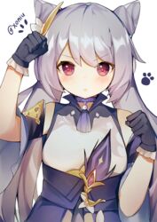  bad_id bad_pixiv_id bare_shoulders blush choker commentary cone_hair_bun dress female frilled_gloves frills genshin_impact gloves hair_bun hair_ears hair_ornament keqing_(genshin_impact) long_hair looking_at_viewer paw_pose purple_choker purple_dress purple_eyes purple_gloves purple_hair solo twintails twitter_username upper_body very_long_hair white_background xoaiu 