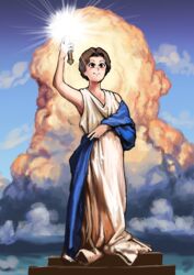  absurdres animification blue_sky blush brown_eyes brown_hair chanta_(ayatakaoisii) closed_mouth cloud columbia_pictures cumulonimbus_cloud day female hand_up highres holding holding_torch looking_at_viewer outdoors parody podium robe shawl short_hair sky smile solo standing torch 