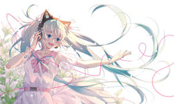  aqua_hair blue_eyes breasts chinese_commentary collarbone commentary dress female floating_hair flower ginklaga hatsune_miku headphones highres long_hair mixed-language_commentary red_ribbon ribbon see-through small_breasts solo teeth twintails upper_teeth_only very_long_hair vocaloid white_dress white_flower 