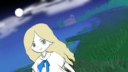  blonde_hair blue_neckwear clear_sky cloud colored_skin dress female grass lake lily_pad marnie_(omoide_no_marnie) omoide_no_marnie outdoors sentaku-bune sky studio_ghibli water white_dress white_skin 