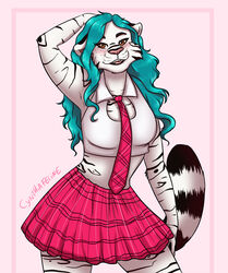  anthro blue_hair breasts brown_eyes curled_hair curls curvy_figure cynthia_(cynthiafeline) cynthia_(disambiguation) cynthiafeline digital_media_(artwork) felid female hair hi_res hourglass_figure mammal pantherine pinup pose solo stripes suggestive tiger 