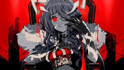  animal_ears bad_id bad_twitter_id barbed_wire black_nails blood blunt_bangs bo.ok body_markings cape choker crown dark_persona fangs female finger_in_own_mouth fishnets fur_trim grey_hair grin hair_over_one_eye half-nightmare highres hood hood_down king_(vocaloid) looking_at_viewer low_twintails red_eyes red_riding_hood_(sinoalice) sinoalice smile solo thrown twintails wavy_hair 