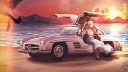  absurdres assam_(girls_und_panzer) beach black_ribbon blonde_hair braid car dress female girls_und_panzer gullwing_doors hair_ribbon highres lake long_hair looking_at_viewer mercedes-benz mercedes-benz_300sl mizzterbii motor_vehicle mountainous_horizon one_eye_closed outdoors pink_eyes ribbon sitting solo sports_car vehicle_focus white_dress 