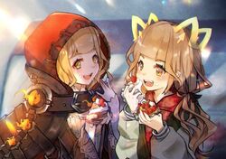  animal_ears blonde_hair blunt_bangs blush cake cloak dual_persona eating female food fruit hair_ribbon hood hood_up icing jacket kyashii_(a3yu9mi) long_sleeves looking_at_another low_twintails oerba_yun_fang open_mouth orange_eyes red_riding_hood_(sinoalice) ribbon sinoalice strawberry twintails wavy_hair 