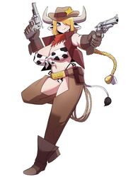  animal_ears animal_print bell belt belt_pouch blonde_hair blue_eyes boots braid braided_ponytail breasts chaps cleavage closed_mouth cow_ears cow_girl cow_horns cow_print cow_tail cowboy_boots cowboy_fringe cowboy_hat dual_wielding female fringe_trim full_body gloves gun hair_over_one_eye hat highleg highleg_panties highres holding holding_gun holding_weapon horns huge_breasts lasso long_hair midriff navel original panties pouch revolver scarf sleeveless smile solo stomach sung08ko tail underwear weapon white_background 