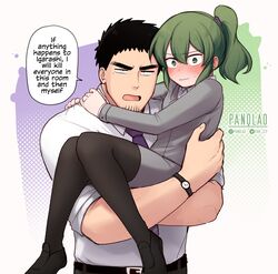  1boy black_eyes black_hair blush brooklyn_nine-nine business_suit carrying child_carry closed_mouth coat english_text facial_hair female goatee green_eyes green_hair highres holding i&#039;ve_only_had_arlo_for_a_day_and_a_half_(meme) igarashi_futaba_(shiromanta) looking_at_viewer medium_hair meme necktie office_lady open_mouth overcoat panqlao pantyhose ponytail salaryman senpai_ga_uzai_kouhai_no_hanashi shirt short_hair simple_background straight stubble suit takeda_harumi_(shiromanta) thick_eyebrows upper_body 