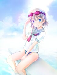  blue_eyes blush brown_hair cloud diving_board female goggles goggles_on_head kamo_(rsrk) looking_at_viewer love_live! love_live!_sunshine!! no_pants pool salute school_uniform serafuku short_hair sitting solo swimsuit swimsuit_under_clothes thighs uranohoshi_school_uniform watanabe_you water 