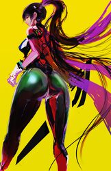  absurdres ass black_hair blunt_bangs bodysuit breasts brown_eyes closed_mouth eve_(stellar_blade) female from_behind gloves green_bodysuit highres kyel_hyde long_hair looking_at_viewer medium_breasts planet_diving_suit_(7th)_(stellar_blade) ponytail profile skin_tight solo stellar_blade tight_clothes very_long_hair white_gloves yellow_background 