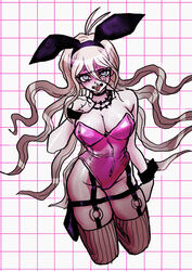  absurdres animal_ears antenna_hair barbed_wire bare_shoulders black_choker blonde_hair blush breasts brown_thighhighs choker danganronpa_(series) danganronpa_v3:_killing_harmony fake_animal_ears female groin hair_between_eyes hand_up highres iruma_miu kneeling large_breasts leotard long_hair o-ring pink_leotard playboy_bunny rabbit_ears shiny_clothes simple_background solo teeth thighhighs tongue tongue_out upper_teeth_only uranagi_(uranaginasi) white_background wrist_cuffs 