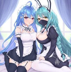  2girls ahoge alternate_costume animal_ears apron aqua_hair azur_lane black_garter_straps black_gloves black_mask black_thighhighs blue_hair boise_(azur_lane) boise_(flawed_but_delectable)_(azur_lane) breasts cleavage elbow_gloves enmaided fake_animal_ears garter_straps gloves hair_intakes helena_(azur_lane) highres indoors kyl490 large_breasts long_braid long_hair long_sleeves looking_at_viewer maid maid_headdress mask medium_breasts mouth_mask multiple_girls official_alternate_costume pantyhose parted_lips purple_eyes rabbit_ears sitting thighhighs waist_apron white_apron white_pantyhose window yellow_eyes 