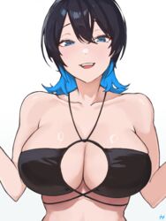  bare_shoulders bikini black_hair blue_eyes blue_hair breasts bunny_garden cleavage collarbone female fukuya_art gradient_background hair_between_eyes highres large_breasts looking_at_viewer medium_hair miuka_(bunny_garden) multicolored_hair open_mouth solo swimsuit two-tone_hair 