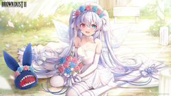  blue_eyes blue_flower blush bouquet breasts bridal_veil bride brown_dust_2 bush butterfly_wings collar copyright_name crying crying_with_eyes_open dress elbow_gloves female flower gloves grey_hair head_wreath heterochromia high_heels highres holding holding_bouquet insect_wings long_hair looking_at_viewer misyune official_art official_wallpaper on_grass open_mouth pink_flower red_eyes refithea_(brown_dust) second-party_source sitting small_breasts solo star-shaped_pupils star_(symbol) stiletto_heels strapless strapless_dress symbol-shaped_pupils tears thighhighs twing_glutti veil very_long_hair wariza white_collar white_dress white_footwear white_gloves white_thighhighs wings 