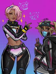  ^_^ animification apex_legends baseball_cap black_gloves black_hat black_hoodie black_thighhighs blue_hairband closed_eyes conduit_(apex_legends) crop_top cropped_shirt fingerless_gloves gloves gradient_background grey_shirt grey_shorts hair_behind_ear hairband hat highlighted_healer_lifeline hood hood_down hoodie jpeg_artifacts lifeline_(apex_legends) midriff navel official_alternate_costume sevpha shirt short_hair shorts shrug_(clothing) sparkle tactical_trendsetter_conduit thighhighs twintails v 