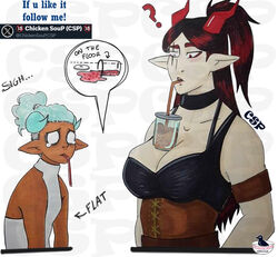  animal_humanoid beverage big_breasts blue_hair blue_horn bodily_fluids breast_envy breast_size_difference breasts bubble_tea chicken_soup_(artist) curled_hair dark_body dark_skin dragon dragon_humanoid duo english_text female female/female flat_chested hair horn humanoid humanoid_pointy_ears inflatable julya_(chicken_soup) light_body light_skin mammal margaret_(chicken_soup) margaret_(oc) mythological_creature mythological_scalie mythology original_character_do_not_steal ponytail red_eyes red_hair red_horn scalie scar straight_hair tears tears_of_desperation text 