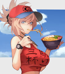  absurdres asymmetrical_hair bare_shoulders baseball_cap blue_eyes breasts chopsticks earrings eating eyewear_hang fate/grand_order fate_(series) female food genshu_doki hat highres holding holding_chopsticks jewelry large_breasts long_hair looking_at_viewer midriff miyamoto_musashi_(fate) miyamoto_musashi_(traveling_outfit)_(fate) noodles pants pink_hair ponytail red_hat red_tank_top solo tank_top udon unworn_eyewear upper_body 