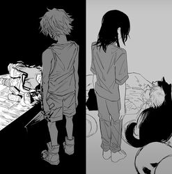  absurdres blood blood_on_weapon can canine chainsaw_man denji_(chainsaw_man) feline greyscale heartbreak_juan highres holding holding_knife knife lying meowy_(chainsaw_man) monochrome nayuta_(chainsaw_man) on_back pajamas shoes shorts sleeping sneakers split_screen tank_top weapon 