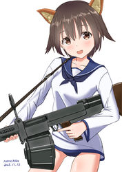  animal_ears blue_neckerchief blue_one-piece_swimsuit blue_sailor_collar brown_eyes brown_hair commentary_request cowboy_shot dated dog_ears dog_girl drum_magazine female fingernails flip-up_sight gun gun_sling heavy_machine_gun highres holding holding_gun holding_weapon long_sleeves machine_gun magazine_(weapon) miyafuji_yoshika naruchisukisuki neckerchief one-piece_swimsuit sailor_collar sailor_shirt shirt short_hair simple_background solo strike_witches swimsuit swimsuit_under_clothes trigger_discipline twitter_username type_99_cannon weapon white_background white_shirt world_witches_series 