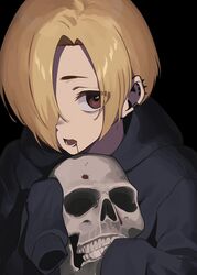  absurdres bags_under_eyes black_background black_hoodie blonde_hair blood blood_from_mouth brown_eyes commentary ear_piercing female garuku1120 hair_over_one_eye highres holding holding_skull hood hoodie idolmaster idolmaster_cinderella_girls looking_at_viewer open_mouth piercing shirasaka_koume short_hair simple_background skull sleeves_past_fingers sleeves_past_wrists solo upper_body 