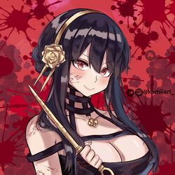  artist_name black_choker black_dress black_hair blood blood_on_arm blood_on_breasts blood_on_clothes blood_on_dress blood_on_face blood_on_hands blood_on_shoulder blood_on_weapon blush braid breasts choker closed_mouth dress eyebrows_hidden_by_hair female flower_hairband gold_hairband hairband highres instagram_logo instagram_username kamiiart looking_at_viewer red_eyes smile spy_x_family weapon yor_briar 