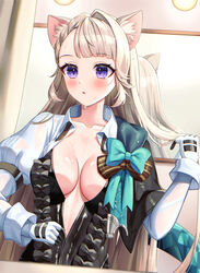  animal_ears aqua_bow black_dress blush bow breasts cat_ears collarbone commentary_request dress female genshin_impact gloves grey_hair hand_up highres juliet_sleeves long_sleeves lynette_(genshin_impact) medium_breasts mikoto_(0709mikoto) mirror parted_lips puffy_sleeves purple_eyes reflection solo white_gloves 