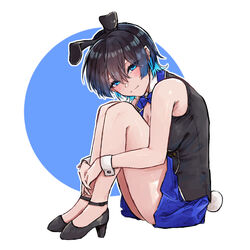  animal_ears bare_shoulders black_hair blue_eyes blue_hair blue_skirt blush breasts bunny_garden cleavage erutosu fake_animal_ears fake_tail female full_body hair_between_eyes high_heels hugging_own_legs large_breasts light_smile looking_at_viewer medium_hair miuka_(bunny_garden) multicolored_hair nontraditional_playboy_bunny rabbit_ears rabbit_tail skirt solo tail two-tone_hair wrist_cuffs 