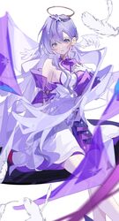  absurdres aqua_eyes arms_behind_back bare_shoulders bird breasts detached_sleeves dress earrings falling_feathers feathers female gloves halo hand_on_own_chest head_wings highres honkai:_star_rail honkai_(series) jewelry long_hair looking_at_viewer medium_breasts parted_lips pigeon purple_dress purple_hair ren_(renjiyu) robin_(honkai:_star_rail) short_sleeves simple_background sitting solo two-tone_dress white_background white_dress white_gloves white_wings wings 