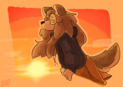  anthro bottomwear canid canine catjam_(artist) clothing eyewear female flowing_hair glasses hair jacket karina_(catjam) mammal sad skirt solo sunset topwear vent_art 