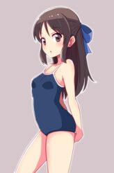  arms_behind_back bare_shoulders biruchiru blue_one-piece_swimsuit blue_ribbon blush bow brown_eyes brown_hair collarbone commentary cowboy_shot dot_nose female flat_chest from_side hair_ribbon hairbow highres idolmaster idolmaster_cinderella_girls idolmaster_cinderella_girls_starlight_stage long_hair looking_at_viewer one-piece_swimsuit open_mouth purple_background ribbon school_swimsuit simple_background solo standing swimsuit tachibana_arisu 