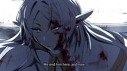  blood blood_in_hair blood_on_clothes blood_on_face capelet commentary elf english_commentary english_text female frieren hair_down heartbreak_juan highres pointy_ears portrait solo sousou_no_frieren subtitled white_capelet white_hair 