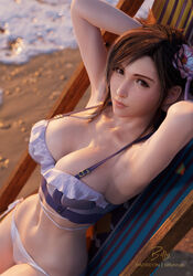  3d armpits arms_up artist_name beach beach_chair bikini billyhhyb black_hair breasts closed_mouth collarbone commentary english_commentary female final_fantasy final_fantasy_vii final_fantasy_vii_rebirth final_fantasy_vii_remake flower hair_flower hair_ornament highres large_breasts lips looking_at_viewer navel official_alternate_costume patreon_username red_eyes sand solo stomach strap_gap swimsuit tifa_lockhart tifa_lockhart_(shining_spirit) water 