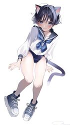  1boy animal_ears black_hair blue_eyes blue_neckerchief blush cat_ears cat_tail genshin_impact highres looking_at_viewer ma_d_k_89 male_focus neckerchief scaramouche_(genshin_impact) school_swimsuit school_uniform serafuku shoes short_hair smile sneakers solo swimsuit tail white_background white_serafuku 