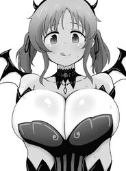  :q bare_shoulders blush breasts cleavage collarbone commentary_request demon_horns demon_wings fake_horns fake_wings female greyscale hair_ribbon horns huge_breasts idolmaster idolmaster_cinderella_girls idolmaster_starlit_season little_devil_swimsuit_(idolmaster) looking_at_viewer monochrome nishino_hikoji ribbon sidelocks simple_background smile solo strapless sweat tongue tongue_out totoki_airi twintails upper_body white_background wings 