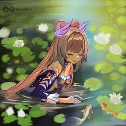  artist_name blue_dress blush bow breasts choker closed_eyes dress dress_bow female fish flower genshin_impact highres instagram_logo instagram_username kamiiart koi lily_pad long_hair medium_breasts open_mouth pink_hair pond sangonomiya_kokomi swimming very_long_hair water white_flower 