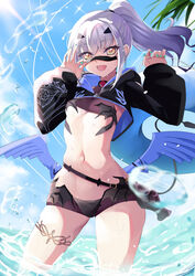  absurdres bikini black_bikini breasts cropped_jacket dragon_wings fate/grand_order fate_(series) female fish_bottle forked_eyebrows high_ponytail highres hooded_shrug jiejeat long_hair long_sleeves looking_at_viewer mask mask_pull melusine_(fate) melusine_(swimsuit_ruler)_(fate) melusine_(swimsuit_ruler)_(first_ascension)_(fate) mouth_mask navel removing_mask shrug_(clothing) sidelocks small_breasts smile solo stomach swimsuit tail thighlet thighs white_hair wings yellow_eyes 