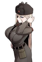  belt belt_pouch black_belt blonde_hair blue_eyes blush breasts brown_jacket brown_pants buttons closed_mouth double-breasted female fur_hat hammer_and_sickle hand_in_own_hair hand_on_own_hip hat highres jacket large_breasts long_hair long_sleeves military_uniform original pants pouch red_lips solo soviet sung08ko uniform ushanka white_background 