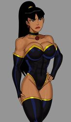  bare_shoulders black_eyes black_footwear black_hair breasts cameltoe collarbone covered_abs covered_navel cropped dark-skinned_female dark_skin dc_comics e-hentai_sample earrings female highres image_sample jewelry justice_league large_breasts leotard lips long_hair muscular muscular_female ponytail simple_background sunsetriders7 superwoman_(justice_league:crisis_on_two_earth) thighhighs 