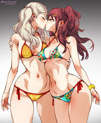  2girls artist_name ass_visible_through_thighs bare_shoulders bikini blonde_hair breasts closed_eyes collarbone commentary dated english_commentary hair_ornament hairclip halterneck hug kissing kujikawa_rise medium_breasts medium_hair mina_cream multicolored_bikini multicolored_clothes multiple_girls navel one-armed_hug persona persona_4 persona_5 red_hair side-tie_bikini_bottom standing stomach string_bikini swimsuit takamaki_anne underboob yuri 