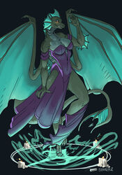  2022 5_fingers anthro aquatic_dragon arm_frill black_background breasts candle claws clothed clothing countershading digital_drawing_(artwork) digital_media_(artwork) dragon dress ear_frill european_mythology female fingers frill_(anatomy) front_view fur green_body green_scales head_crest head_frill hi_res humanoid_hands long_tail looking_at_viewer marine medium_breasts membrane_(anatomy) membranous_wings mythological_creature mythological_scalie mythology non-mammal_breasts orange_eyes purple_clothing purple_dress scales scalie signature simple_background skalaza smile smiling_at_viewer snout solo stouterei summoning summoning_circle tail tapering_tail thin_tail western_dragon wing_claws wings 