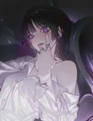  black_hair blunt_sidelocks bracelet breasts cleavage couch dark_background female finger_to_eye from_side grey_eyes head_rest jewelry looking_at_viewer lying medium_hair multicolored_eyes multiple_rings nail_polish oerba_yun_fang on_back on_couch original parted_lips purple_eyes purple_nails ring single_bare_shoulder solo tongue tongue_out underlighting upper_body wanke 