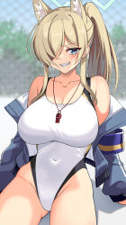  animal_ear_fluff animal_ears blonde_hair blue_archive blue_eyes blue_halo blue_jacket breasts chain-link_fence competition_swimsuit covered_navel cowboy_shot dog_ears dog_girl extra_ears female fence grin hair_over_one_eye halo highleg highleg_one-piece_swimsuit highres jacket jacket_partially_removed kanna_(blue_archive) kanna_(swimsuit)_(blue_archive) large_breasts long_hair looking_at_viewer mzrz notched_ear official_alternate_costume one-piece_swimsuit ponytail purple_armband red_whistle sharp_teeth smile solo swimsuit teeth whistle whistle_around_neck white_one-piece_swimsuit 