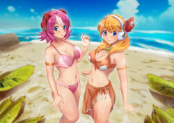  2girls alia_(mega_man) alternate_costume android beach bikini blonde_hair blue_eyes blurry blurry_background breasts cleavage large_breasts medium_hair mega_man_(series) mega_man_x:_command_mission mega_man_x_(series) multicolored_hair multiple_girls nana_(mega_man_x:_command_mission) navel ocean orange_bikini orange_sarong pink_bikini pink_hair rinku_bny robot_girl sand sarong short_hair streaked_hair swimsuit two-tone_hair white_hair 