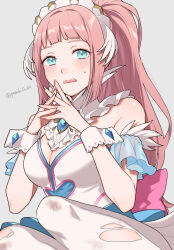  aqua_eyes bare_shoulders blue_skirt blunt_bangs blush breasts brooch cleavage commentary_request felicia_(fire_emblem) felicia_(ice)_(fire_emblem) female fire_emblem fire_emblem_fates fire_emblem_heroes grey_background highres jewelry large_breasts long_hair looking_at_viewer open_mouth own_hands_together pantyhose peach11_01 pink_hair shirt short_sleeves simple_background skirt solo torn_clothes torn_pantyhose very_long_hair white_pantyhose white_shirt wrist_cuffs 