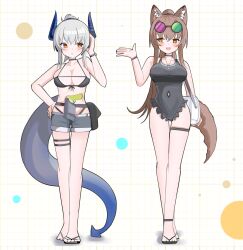  2girls :d absurdres alternate_costume animal_ear_fluff animal_ears arknights arm_up bad_feet bag bikini black_bikini black_choker black_footwear black_one-piece_swimsuit black_shorts blush breasts bright_pupils choker closed_mouth clothing_cutout dragon_girl dragon_horns dragon_tail fox_ears fox_girl fox_tail franka_(arknights) frilled_one-piece_swimsuit frills full_body grey_hair grid grid_background hair_between_eyes hand_on_own_hip hand_up highres horns jewelry large_breasts liskarm_(arknights) looking_at_another medium_breasts multiple_girls navel_cutout necklace one-piece_swimsuit open_mouth sandals short_hair short_shorts shorts shoulder_bag sideways_glance smile spam_(spamham4506) standing swimsuit tail thigh_strap watch white_background white_pupils wristwatch yellow_eyes 