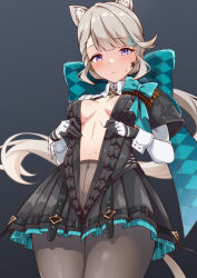  animal_ear_fluff animal_ears aqua_bow blonde_hair blush bow breasts cat_ears cat_girl cat_tail covered_navel facial_mark facial_tattoo female frilled_leotard frills from_below genshin_impact gloves highres huge_bow leotard long_hair long_sleeves looking_at_viewer lynette_(genshin_impact) medium_breasts motsutoko open_clothes pantyhose purple_eyes solo standing star_(symbol) star_facial_mark star_tattoo sweatdrop tail tattoo thighs two-tone_gloves 