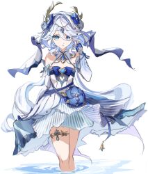  :o adapted_costume arm_behind_back bare_shoulders blue_eyes blue_flower blue_hair blue_pupils blue_ribbon breasts circlet commentary cosplay detached_sleeves double_bun dress drop-shaped_pupils female flower furina_(genshin_impact) genshin_impact hair_between_eyes hair_bun hair_flower hair_ornament hand_in_own_hair hand_up heterochromia highres jewelry light_blue_hair long_hair long_sleeves looking_at_viewer multicolored_hair nilou_(breeze_of_sabaa)_(genshin_impact) nilou_(genshin_impact) nilou_(genshin_impact)_(cosplay) ribbon situki small_breasts solo streaked_hair symbol-shaped_pupils thighlet very_long_hair wading white_background white_dress white_hair white_sleeves 