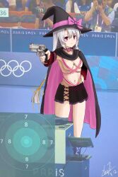  2024_summer_olympics ayachi_nene belt belt_bra belt_collar black_cape black_hat black_skirt bow breasts breasts_apart cape chinese_commentary collar commentary_request detached_sleeves feet_out_of_frame female grey_hair gun hair_between_eyes hair_ribbon hand_on_own_hip handgun hat hat_bow highres hip_vent holding holding_gun holding_weapon jpeg_artifacts long_hair long_sleeves looking_at_viewer medium_breasts miniskirt navel olympics outstretched_arm parody photo_background pink_belt pink_bow pink_cape pleated_skirt ribbon sanoba_witch serious sidelocks signature skirt solo split_mouth standing striped_bow two-sided_cape two-sided_fabric two-tone_cape v-shaped_eyebrows very_long_hair weapon wide_sleeves witch witch_hat wrnmsb yellow_ribbon yusuf_dikec 