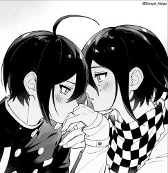  2boys ahoge blood blush buttons danganronpa_(series) danganronpa_v3:_killing_harmony double-breasted ewa_(seraphhuiyu) flipped_hair greyscale hand_up highres jacket kissing kissing_hand looking_at_another male_focus monochrome multiple_boys oma_kokichi profile saihara_shuichi short_hair tears yaoi 